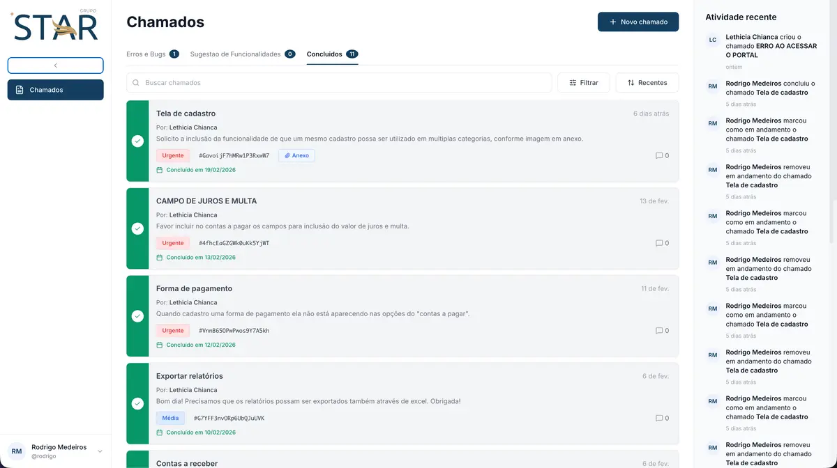 Tela de chamados do helpdesk do Grupo Star